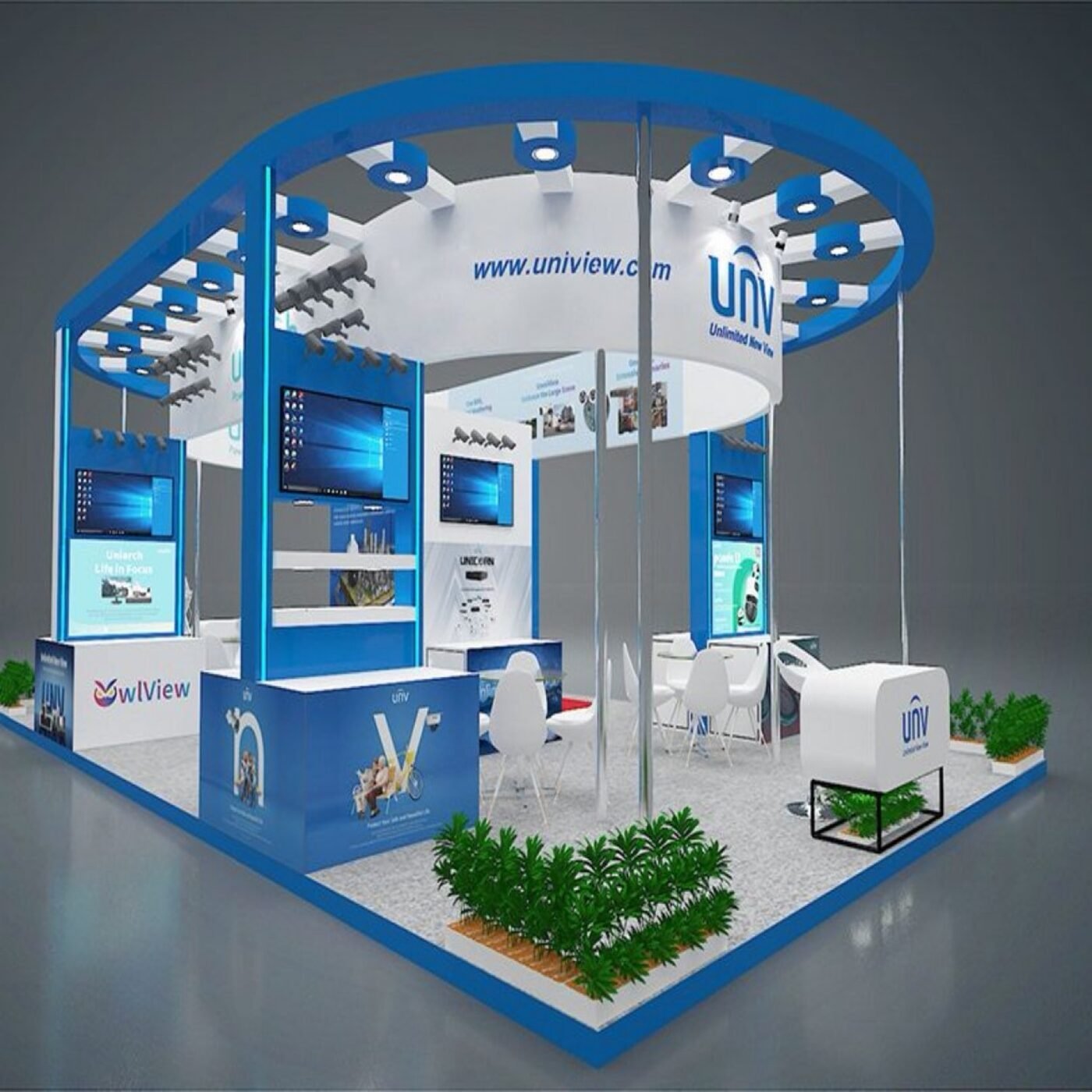 Custom island exhibition stall with product screens and meeting table